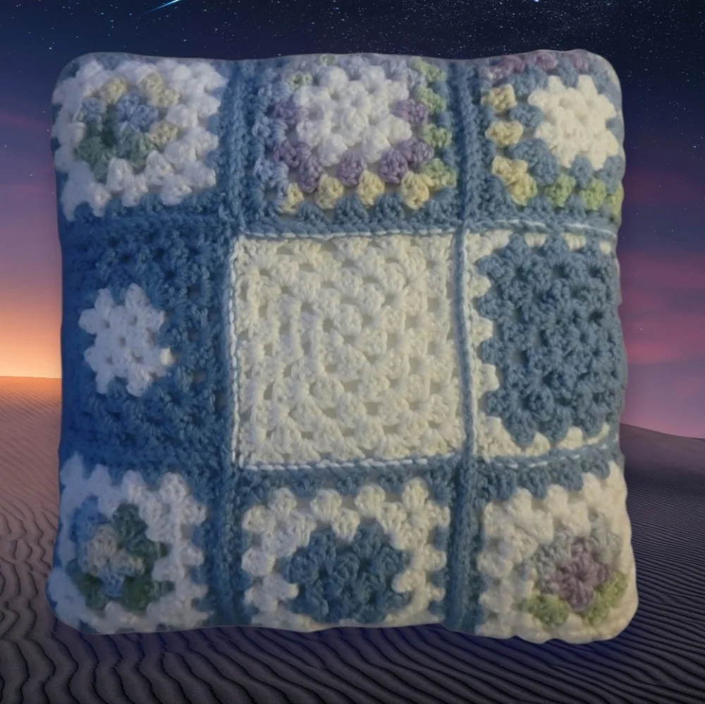 Crocheted Granny Square Pillow Vibrant Colors Decorative Cozy 13.5" Sq. - Picture 6 of 7